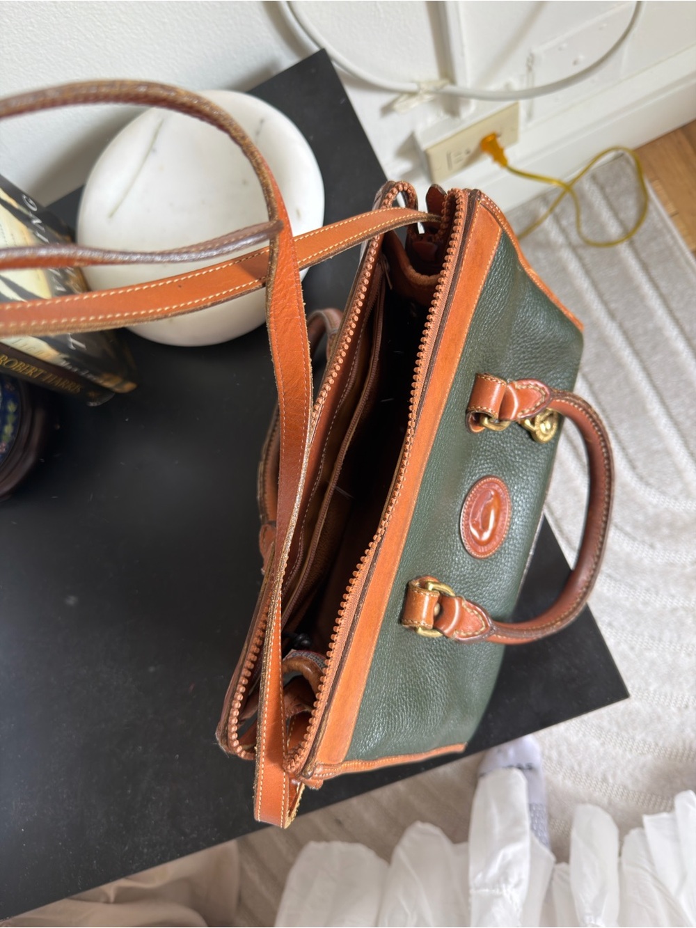 Dooney & Burke Vintage Leather-Trim Top-Handle Bag in Dark Green and Brown - Picture 5 of 7